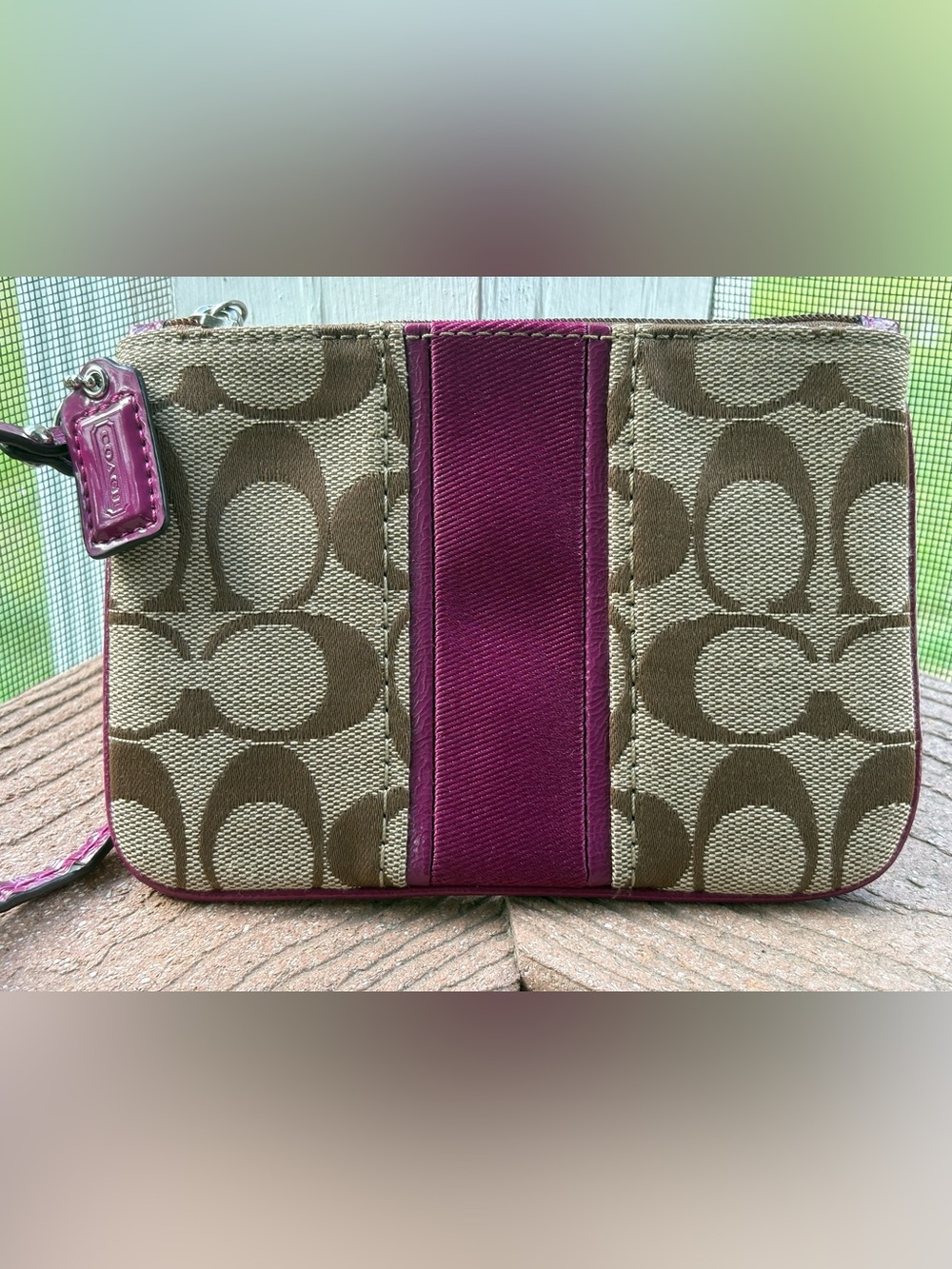 Coach Taupe Signature Canvas Wristlet with Plum Center Stripe